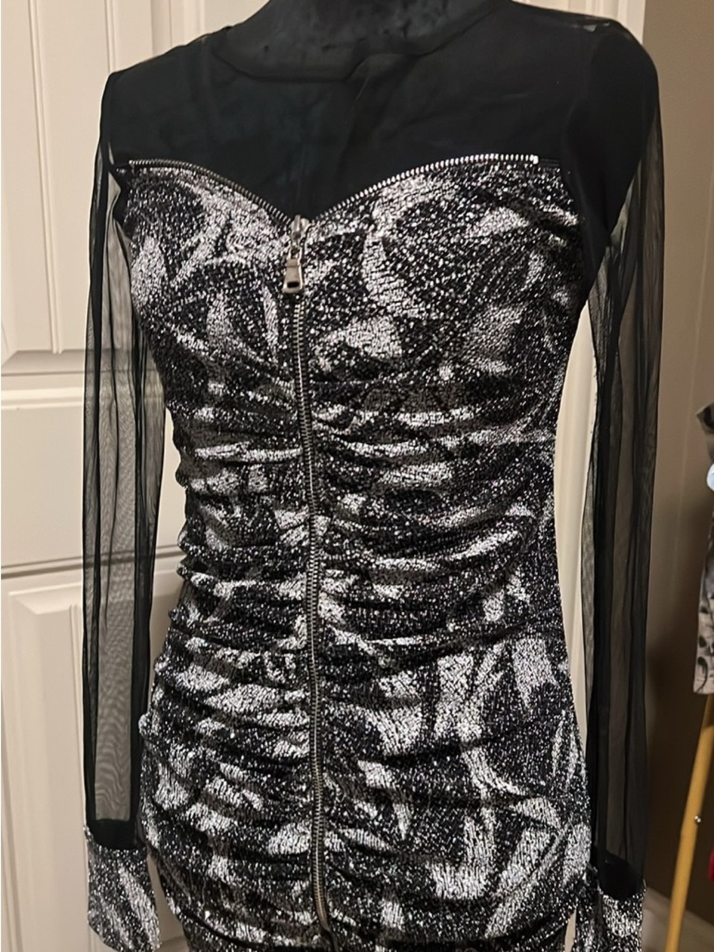 Silver & Black Zip-Front Ruched Long-Sleeve Evening Dress